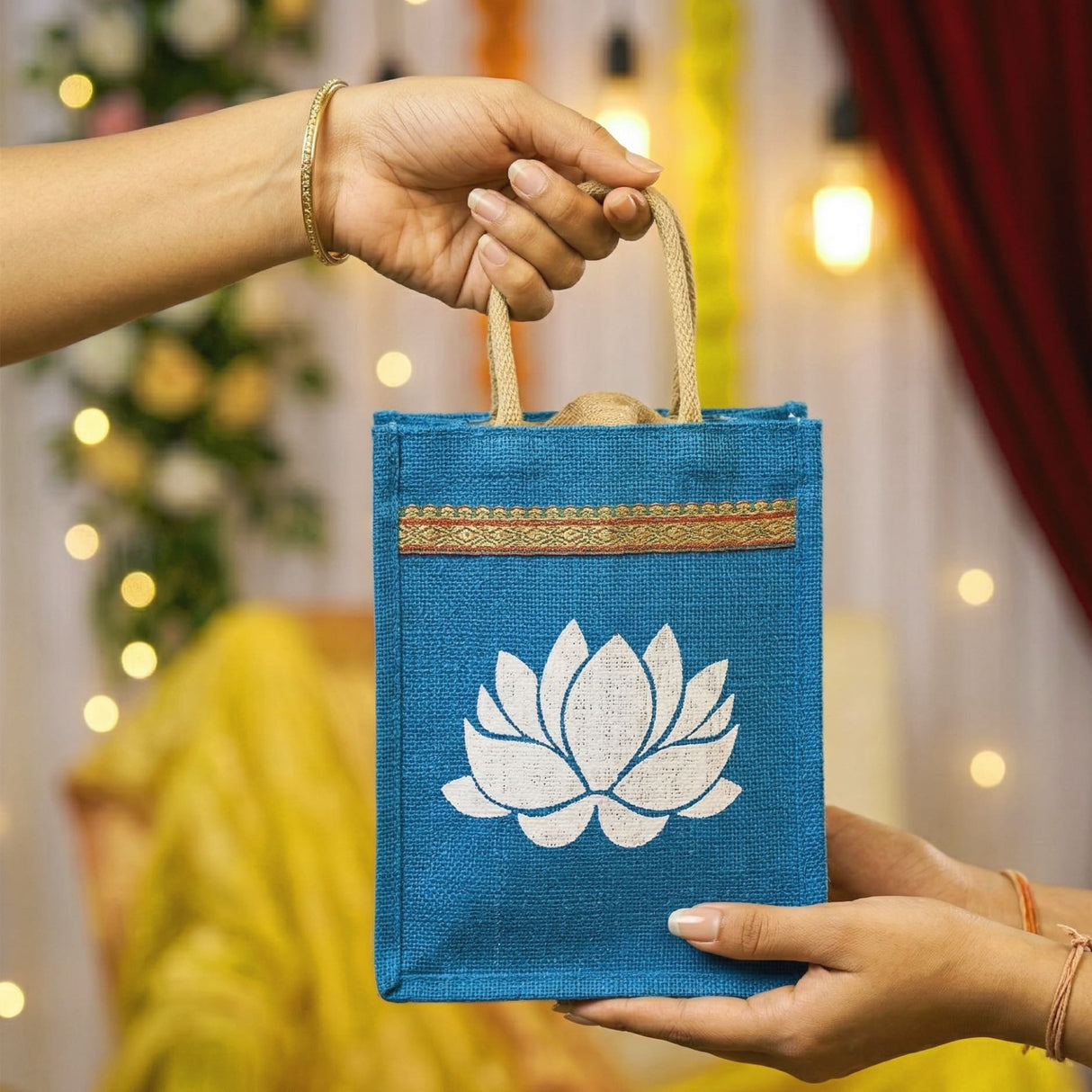 Blue jute tote bag with white lotus design and gold trim ideal for bridesmaid gift and indian wedding favors