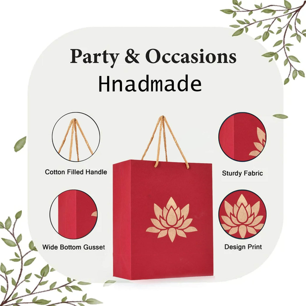 Lotus Paper Carry Bags Indian Gift Bag for Wedding Housewarming Diwali Return Gifts Party Favor Goodie Bags - 8x4x10 Inch - LoveNspire