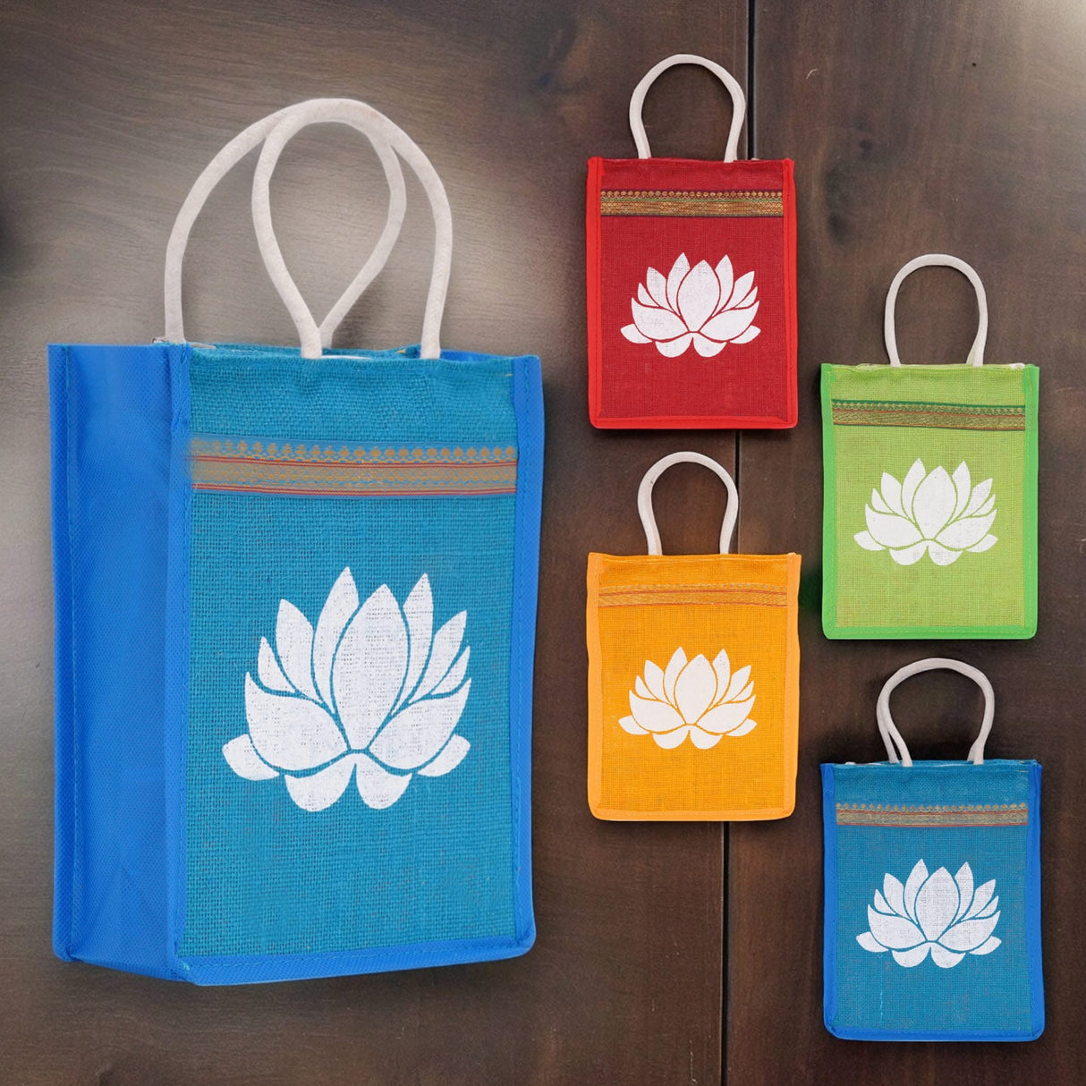Lotus Print Jute Bag Burlap Tote Bag for Bridesmaid Gift Travel Shopping Diy Indian Wedding Favor Return Gifts - LoveNspire