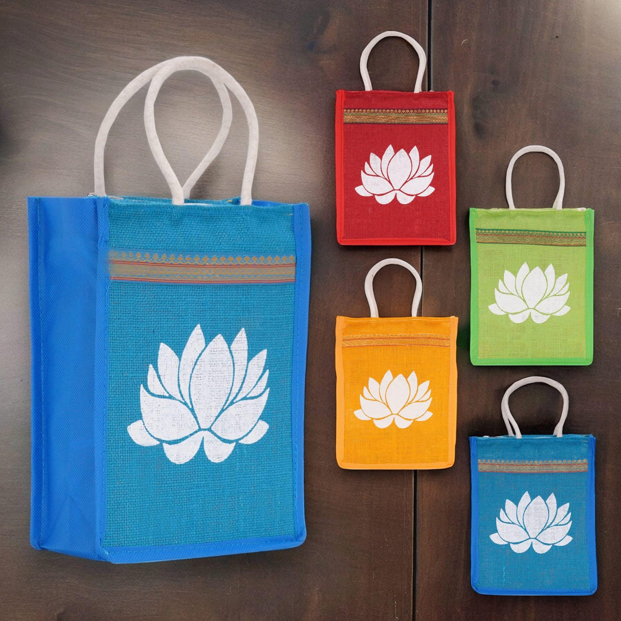 Lotus Print Jute Bag Burlap Tote Bag for Bridesmaid Gift Travel Shopping Diy Indian Wedding Favor Return Gifts - LoveNspire
