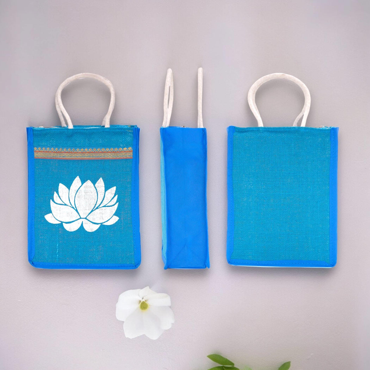 Lotus Print Jute Bag Burlap Tote Bag for Bridesmaid Gift Travel Shopping Diy Indian Wedding Favor Return Gifts - LoveNspire