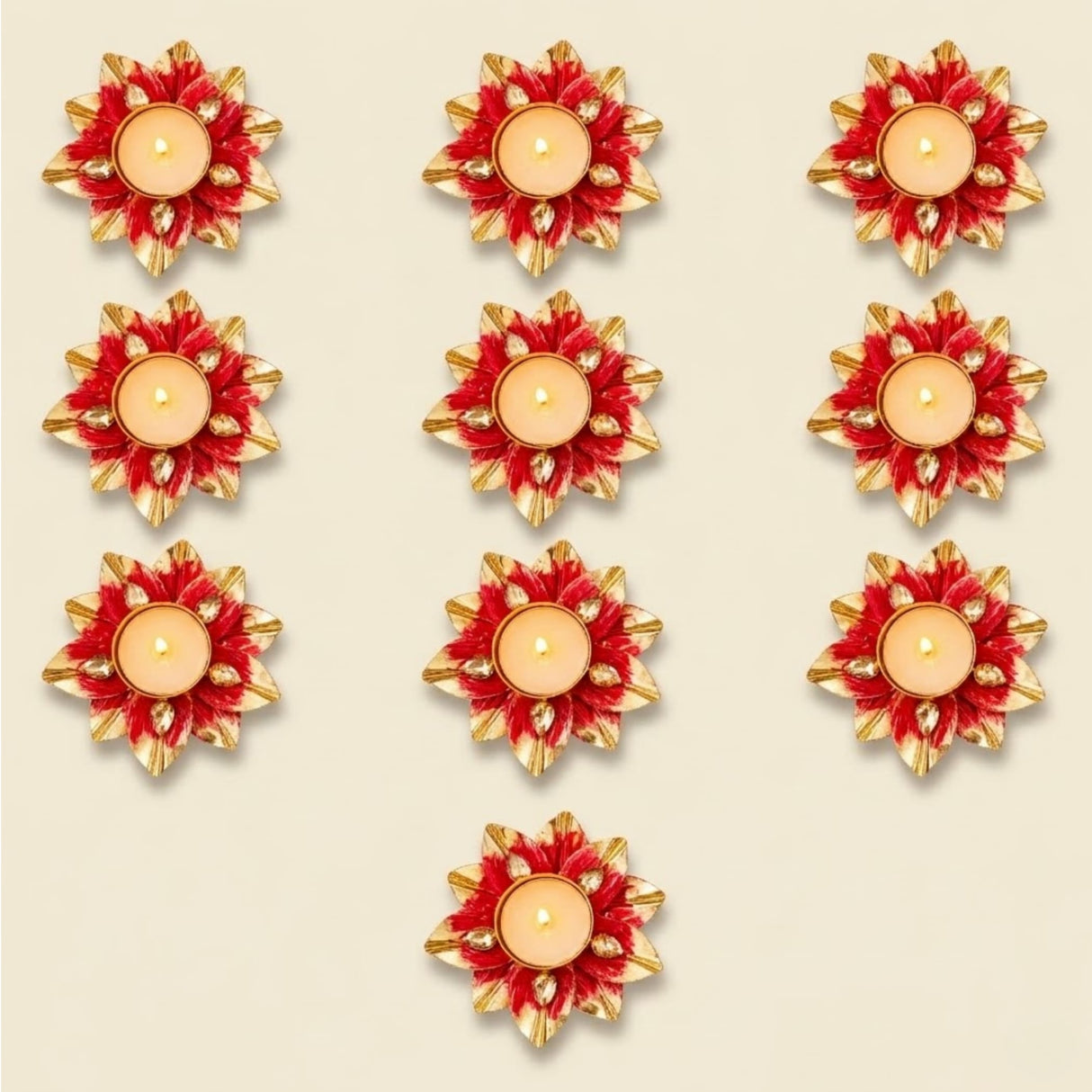 Lotus tealight candle holders set of two featuring red and gold floral diya design for Diwali pooja and home decor