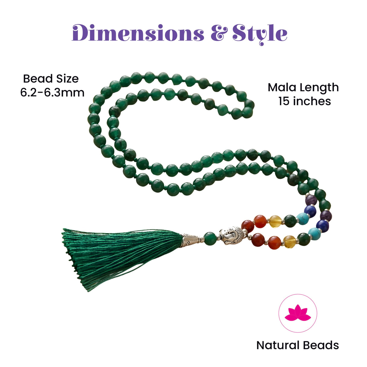 A 15-inch lovenspire 108 dark green mala necklace with silver buddha head charm and rainbow stones for meditation