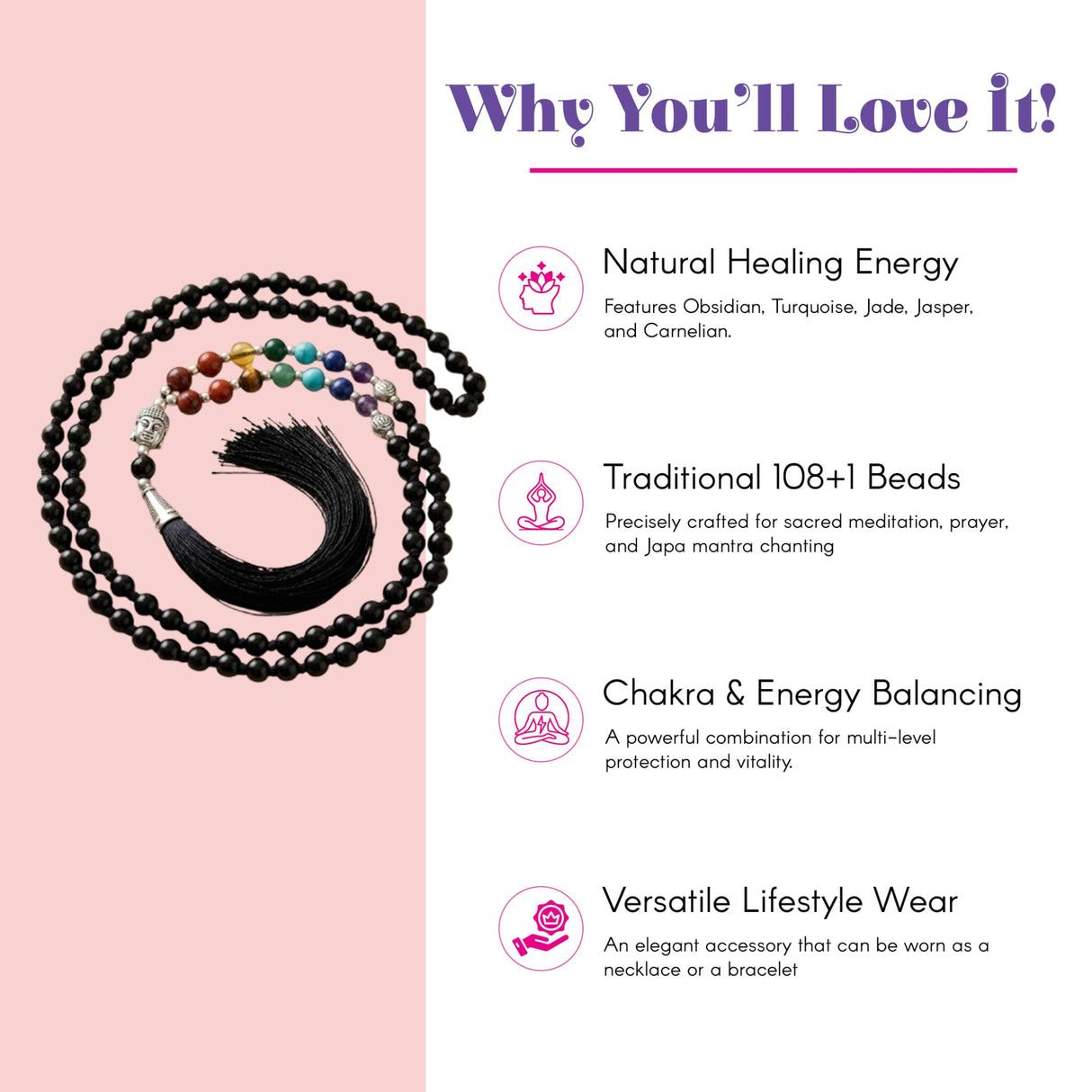 Lovenspire 108 multi-colored beaded mala necklace with black tassel silver Buddha head charm for meditation and healing