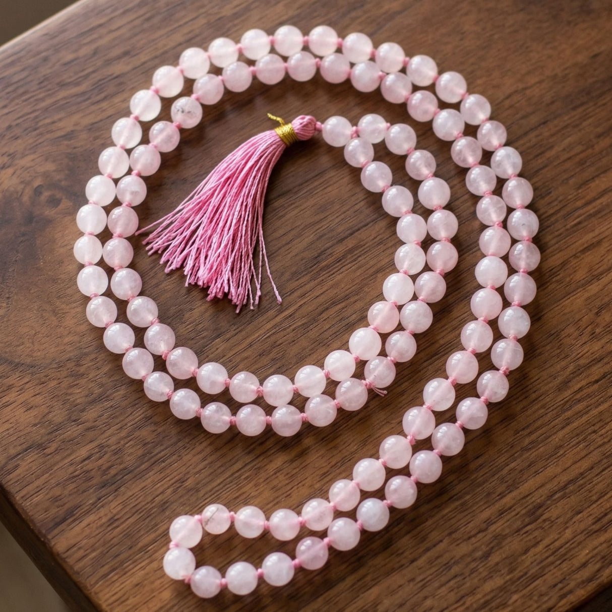 Lovenspire delicate pink rose quartz 108 mala beads necklace with matching tassel for yoga meditation and healing
