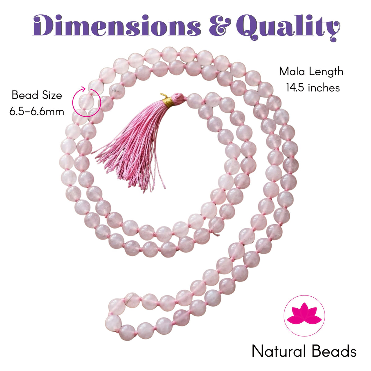 Lovenspire 108 mala beads pink rose quartz natural healing crystal necklace with smooth beads and vibrant matching tassel