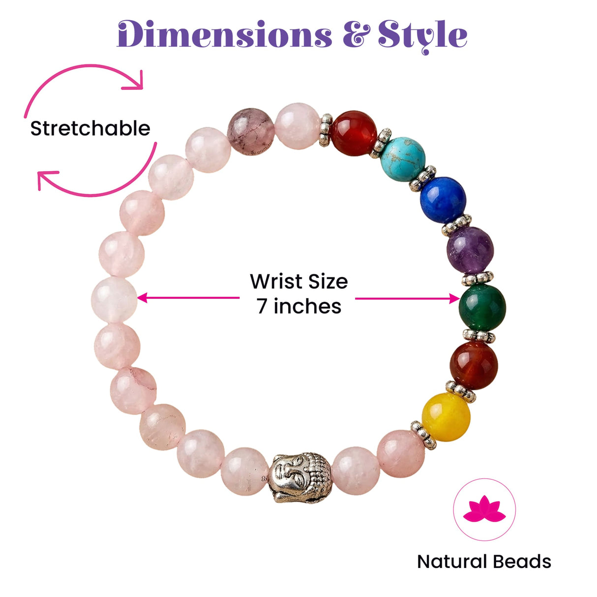 Lovenspire 7 chakra rose quartz stretch bracelet with natural rainbow beads and silver buddha head charm for meditation