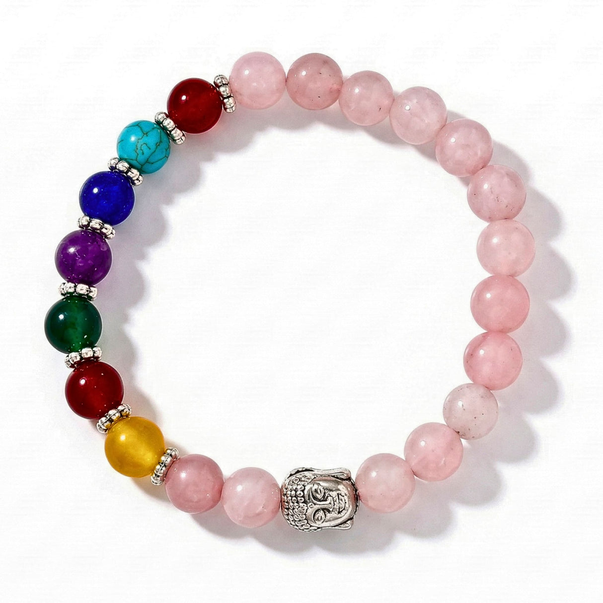 Lovenspire 7 chakra rose quartz crystal bracelet with rainbow gemstones and silver buddha head charm for meditation