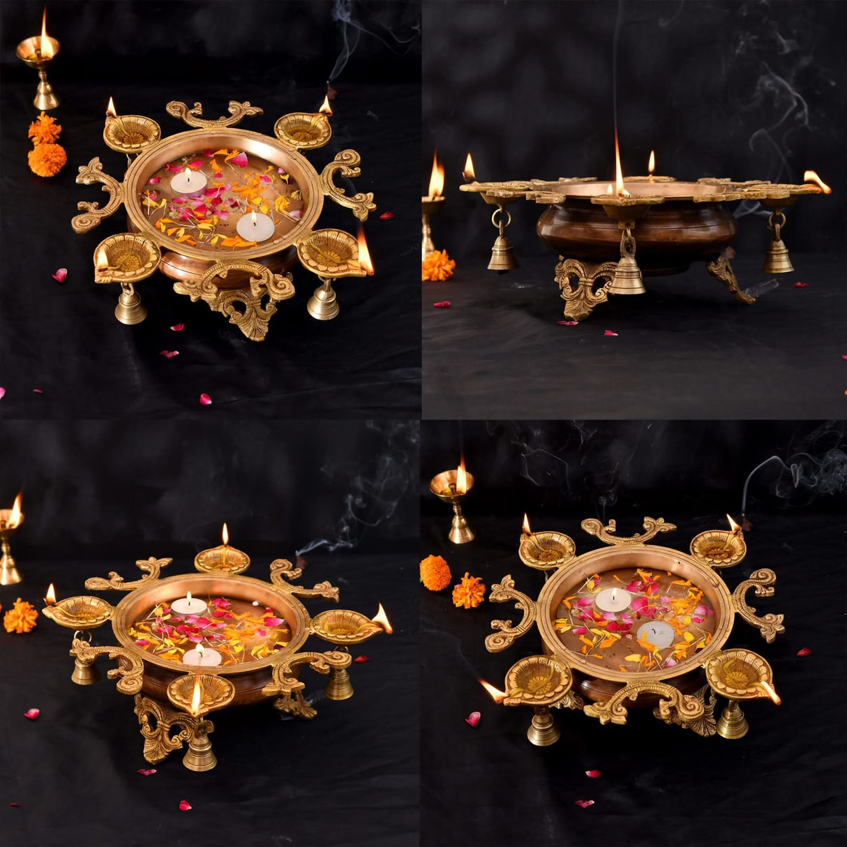 LOVENSPIRE Brass Urli Bowl with Diya Bells 13" Flower Decorative Urli Bowls for Floating Flowers Tea Light Candles Home Office Table Diwali Decor Indian Ethnic Showpiece (4 Diya) - LoveNspire