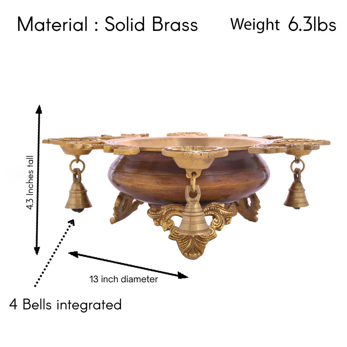 LOVENSPIRE Brass Urli Bowl with Diya Bells 13" Flower Decorative Urli Bowls for Floating Flowers Tea Light Candles Home Office Table Diwali Decor Indian Ethnic Showpiece (4 Diya) - LoveNspire