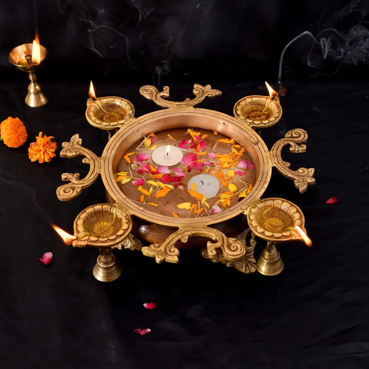 LOVENSPIRE Brass Urli Bowl with Diya Bells 13" Flower Decorative Urli Bowls for Floating Flowers Tea Light Candles Home Office Table Diwali Decor Indian Ethnic Showpiece (4 Diya) - LoveNspire
