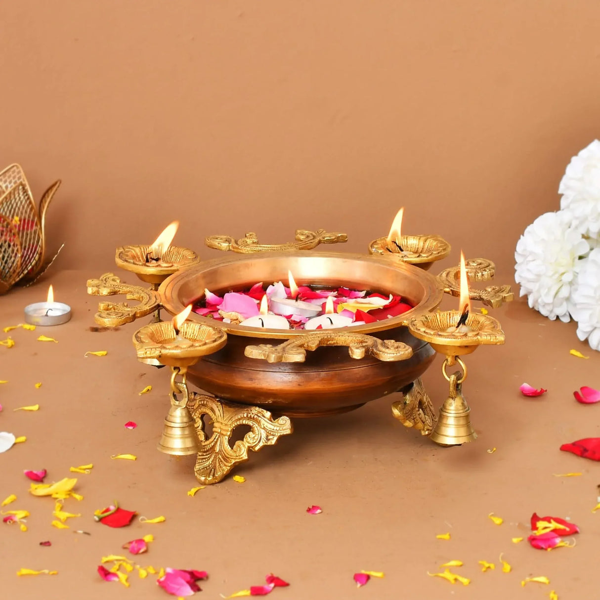LOVENSPIRE Brass Urli Bowl with Diya Bells 13" Flower Decorative Urli Bowls for Floating Flowers Tea Light Candles Home Office Table Diwali Decor Indian Ethnic Showpiece (4 Diya) - LoveNspire