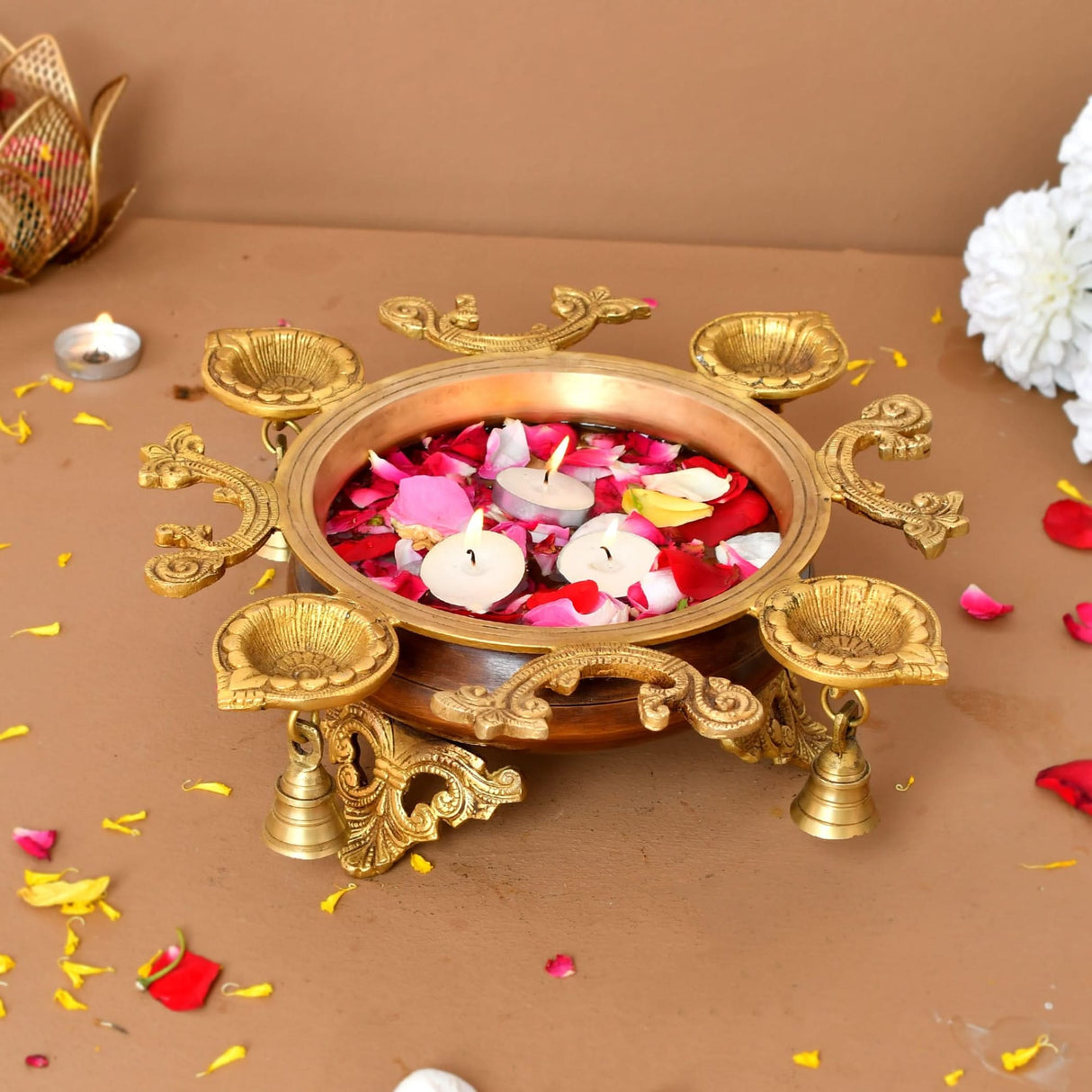 LOVENSPIRE Brass Urli Bowl with Diya Bells 13" Flower Decorative Urli Bowls for Floating Flowers Tea Light Candles Home Office Table Diwali Decor Indian Ethnic Showpiece (4 Diya) - LoveNspire