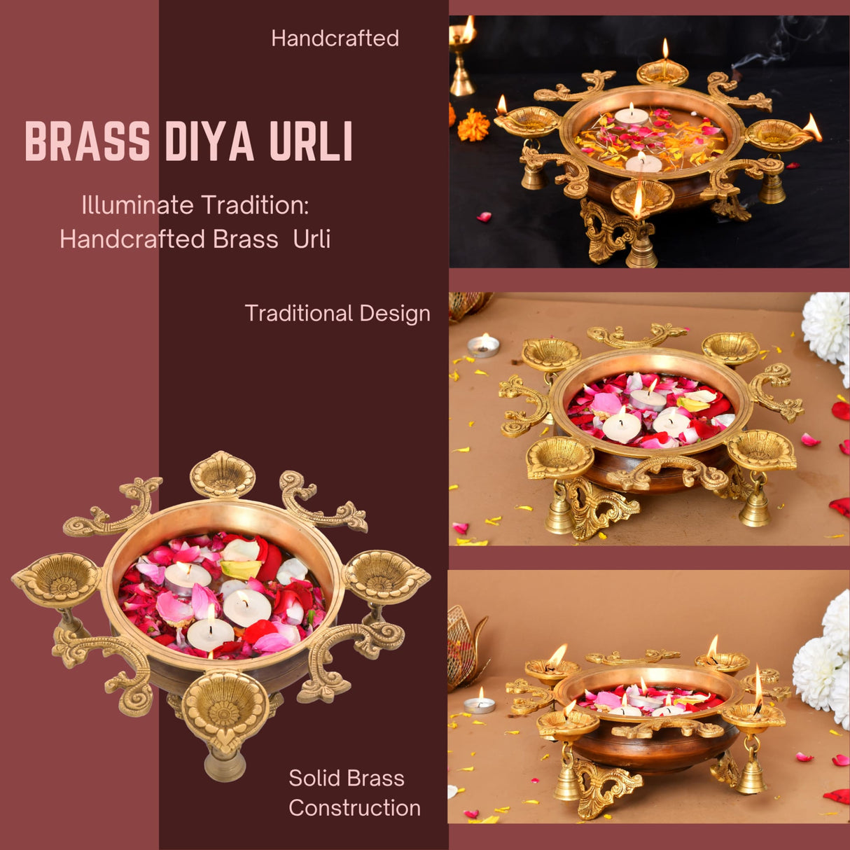 LOVENSPIRE Brass Urli Bowl with Diya Bells 13" Flower Decorative Urli Bowls for Floating Flowers Tea Light Candles Home Office Table Diwali Decor Indian Ethnic Showpiece (4 Diya) - LoveNspire