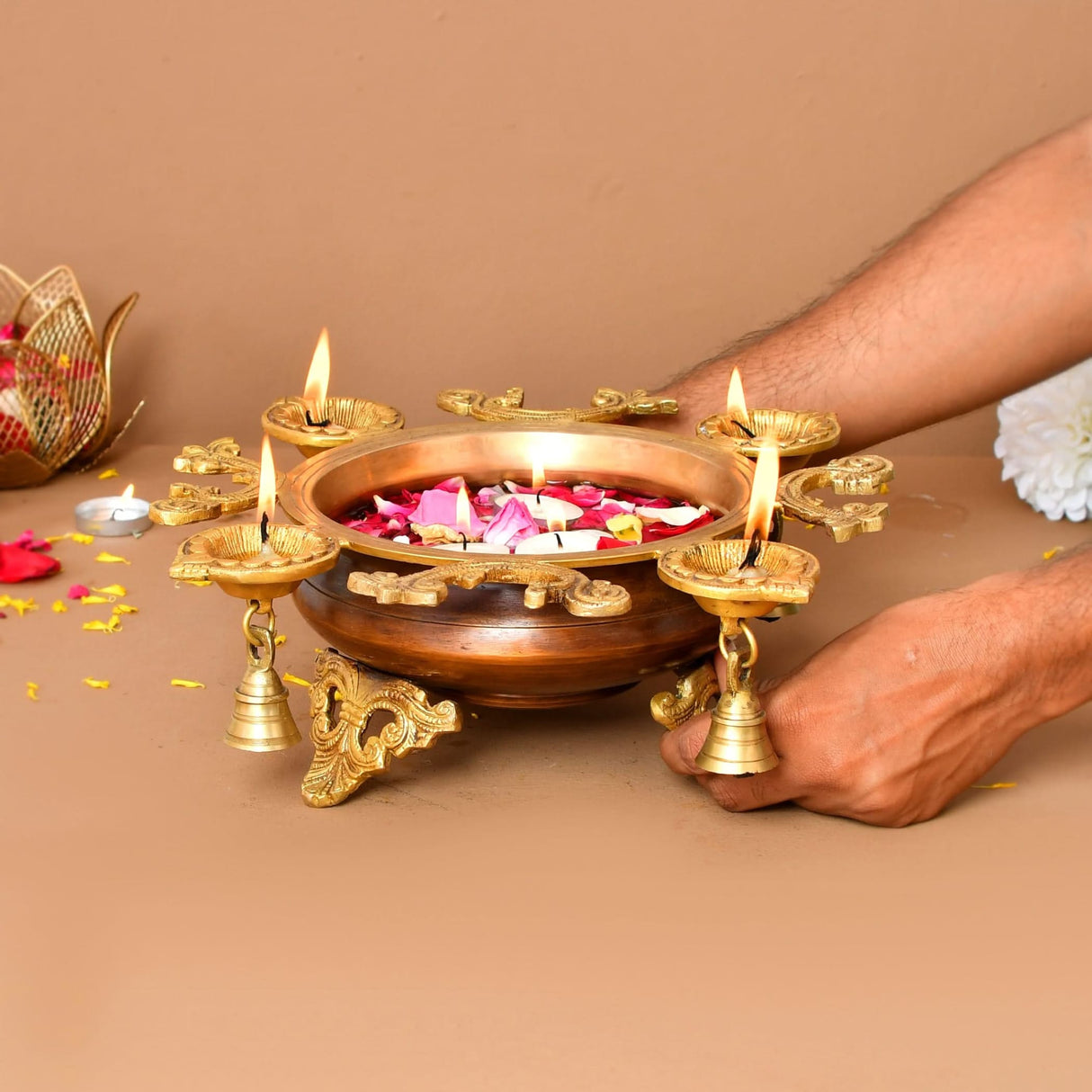 LOVENSPIRE Brass Urli Bowl with Diya Bells 13" Flower Decorative Urli Bowls for Floating Flowers Tea Light Candles Home Office Table Diwali Decor Indian Ethnic Showpiece (4 Diya) - LoveNspire