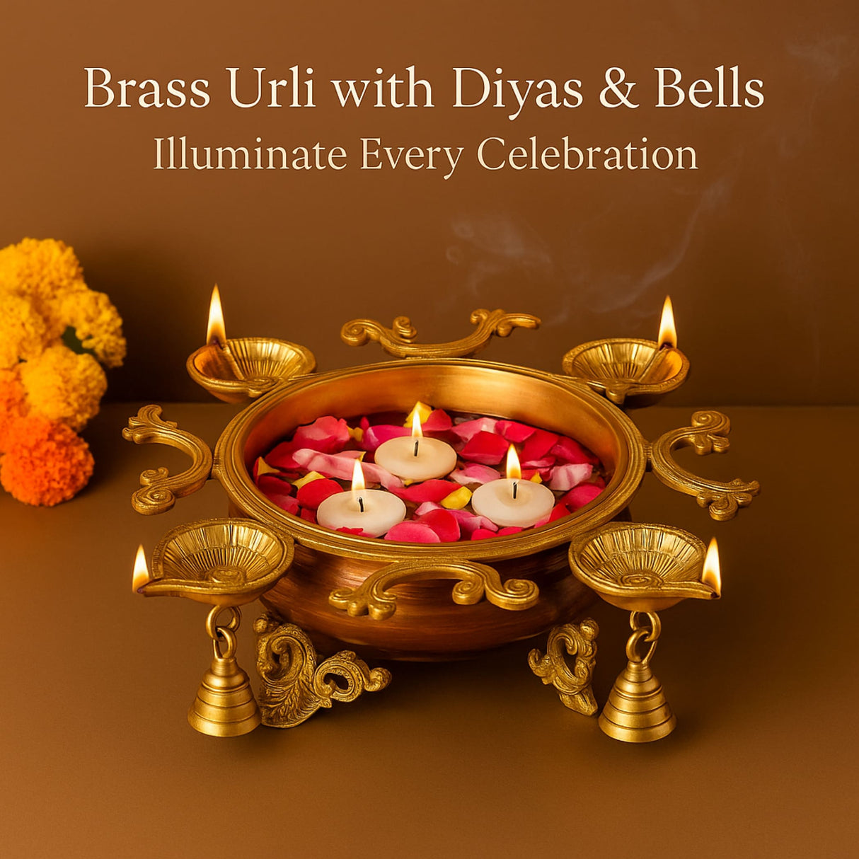 LOVENSPIRE Brass Urli Bowl with Diya Bells 13" Flower Decorative Urli Bowls for Floating Flowers Tea Light Candles Home Office Table Diwali Decor Indian Ethnic Showpiece (4 Diya) - LoveNspire