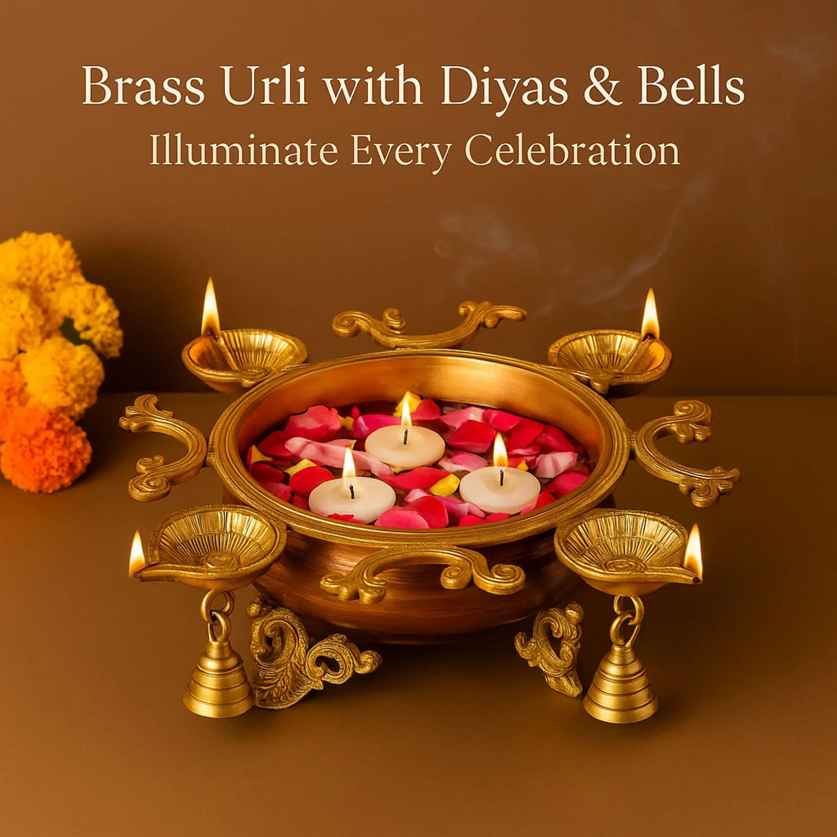 LOVENSPIRE Brass Urli Bowl with Diya Bells 13" Flower Decorative Urli Bowls for Floating Flowers Tea Light Candles Home Office Table Diwali Decor Indian Ethnic Showpiece (4 Diya) - LoveNspire