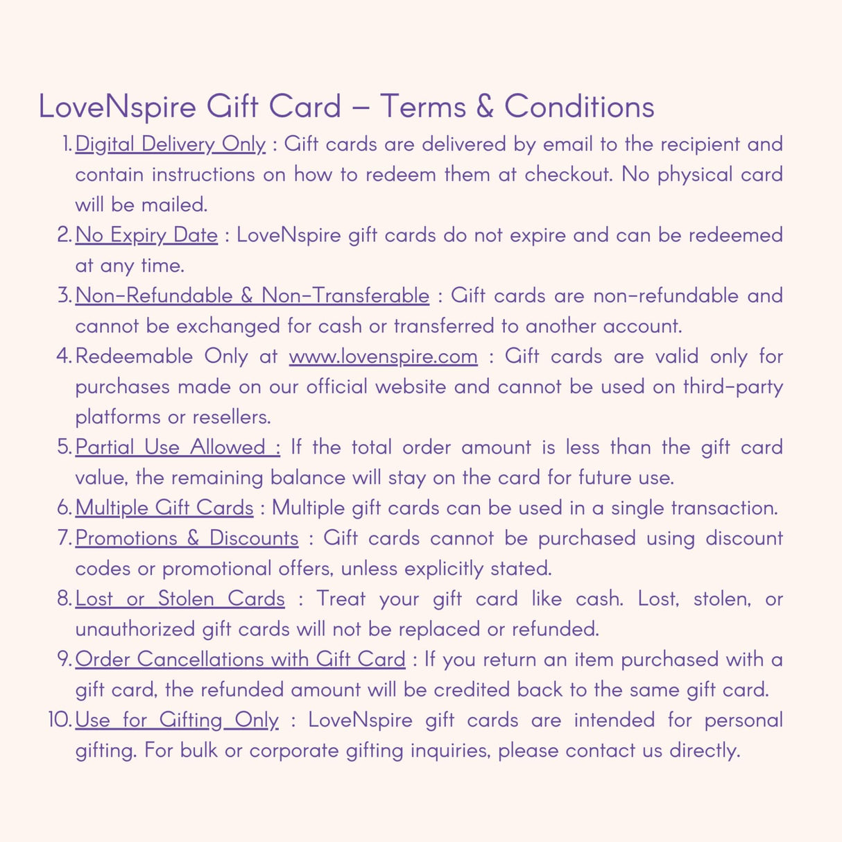 Gift Card Terms and Conditions for Lovenspire Gift Card product display