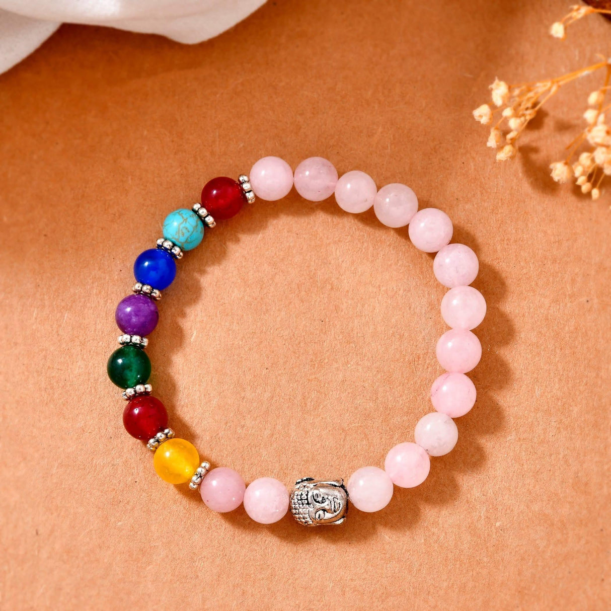 LOVENSPIRE 7 Chakra Rose Quartz Crystal Bracelet with Buddha Head Reiki Healing Gemstone Beaded Stretch Prayer Bracelet for Yoga Meditation Valentine's Day Jewelry Gift for Women Men - LoveNspire