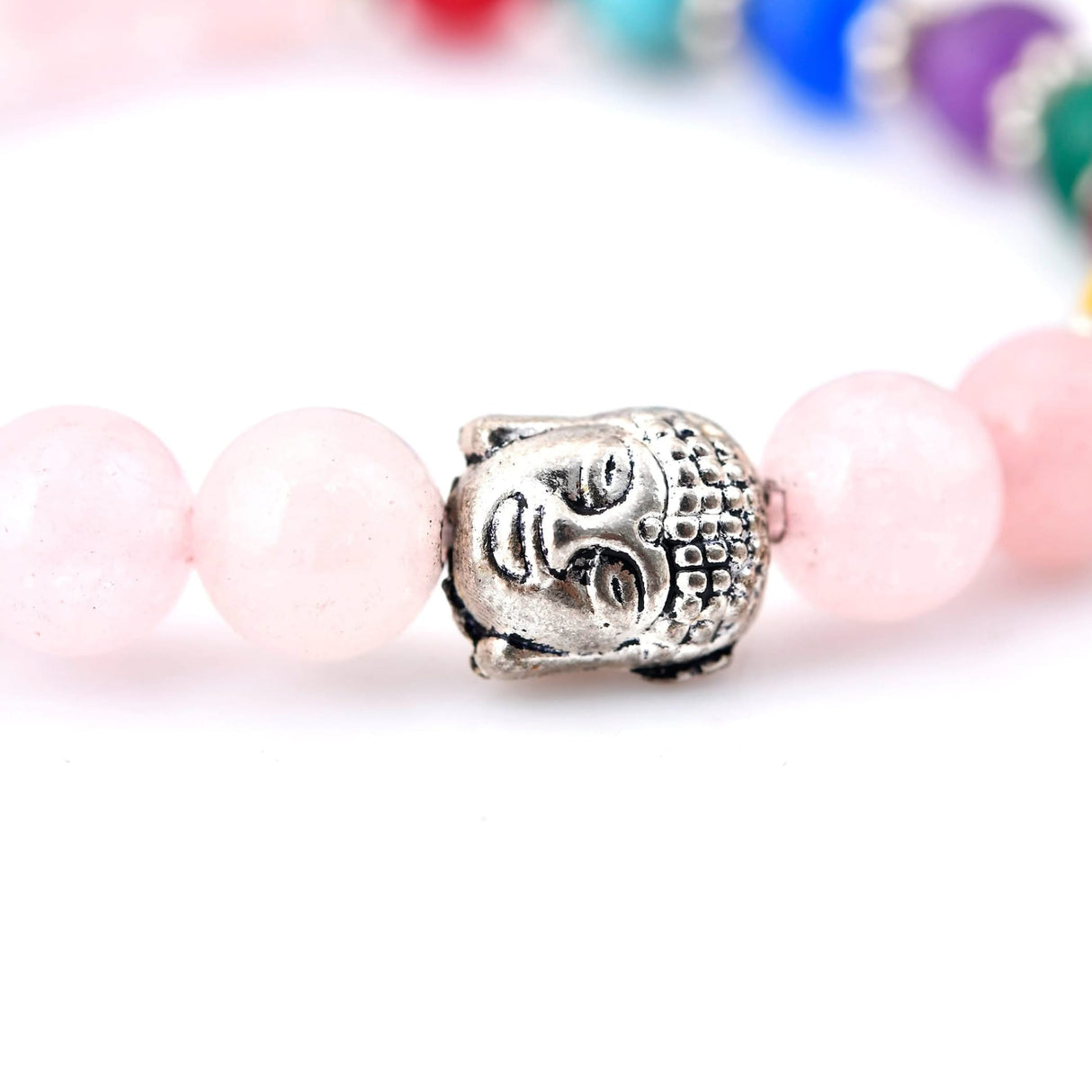 Pink beaded bracelet with Buddha charm from LOVENSPIRE 7 Chakra Rose Quartz Jewelry