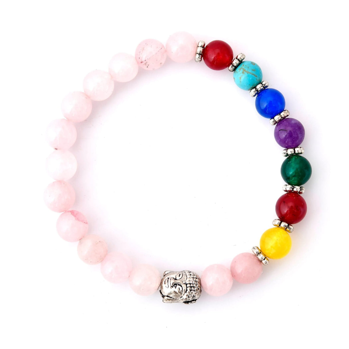 Beaded Chakra Bracelet with Buddha Charm and Rose Quartz Crystal for Meditation and Yoga