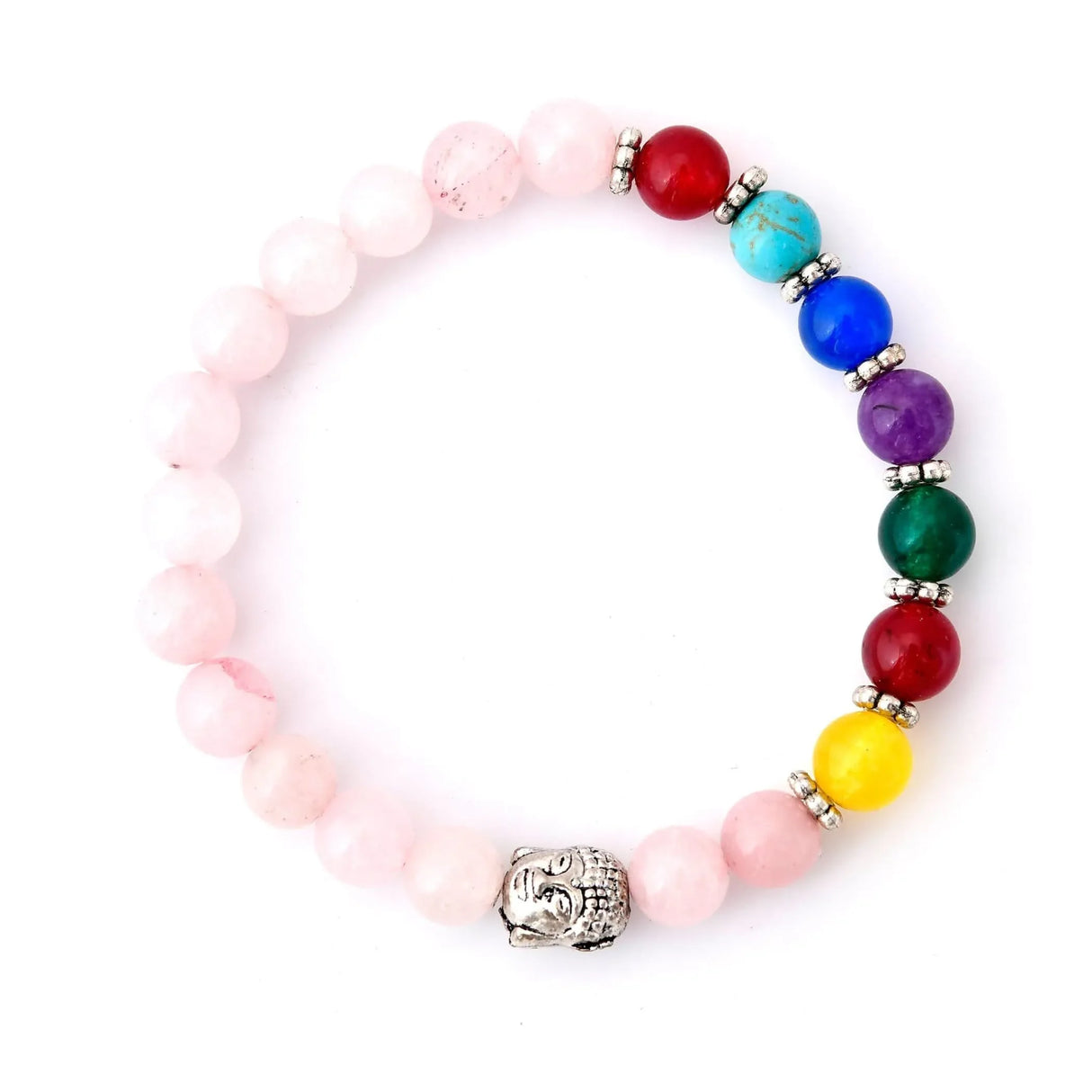 LOVENSPIRE 7 Chakra Rose Quartz Crystal Bracelet with Buddha Head Reiki Healing Gemstone Beaded Stretch Prayer Bracelet for Yoga Meditation Valentine's Day Jewelry Gift for Women Men - LoveNspire