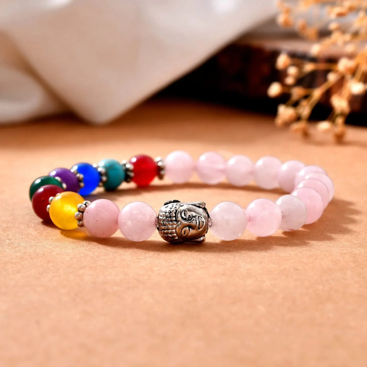 LOVENSPIRE 7 Chakra Rose Quartz Crystal Bracelet with Buddha Head Reiki Healing Gemstone Beaded Stretch Prayer Bracelet for Yoga Meditation Valentine's Day Jewelry Gift for Women Men - LoveNspire