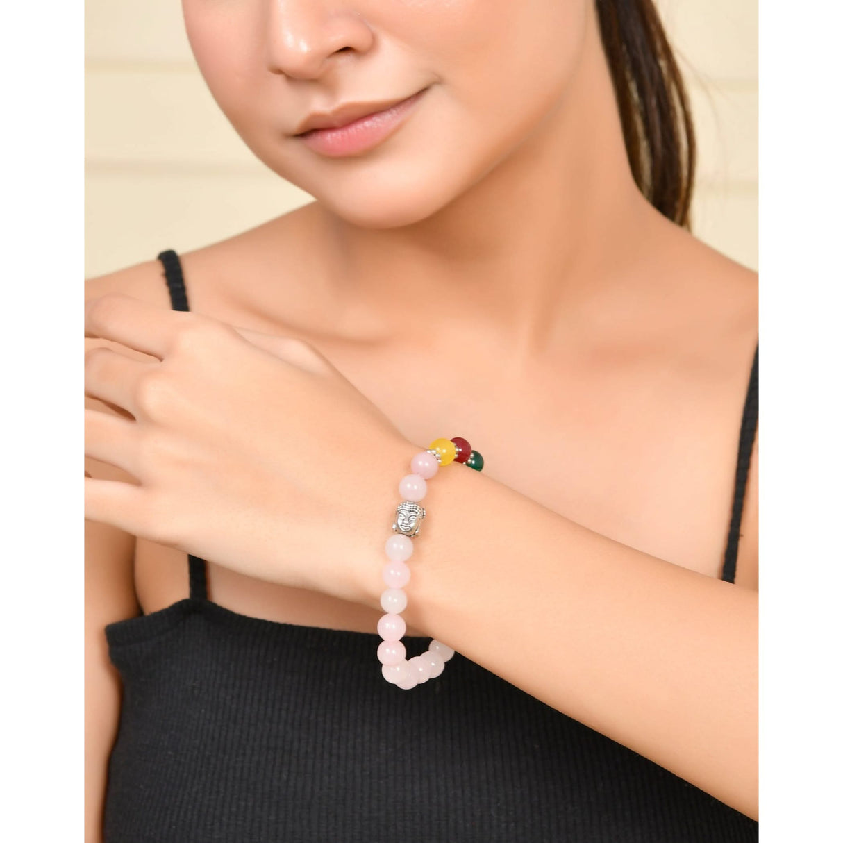 Pink beaded bracelet from LOVENSPIRE 7 Chakra Rose Quartz Crystal Yoga Jewelry