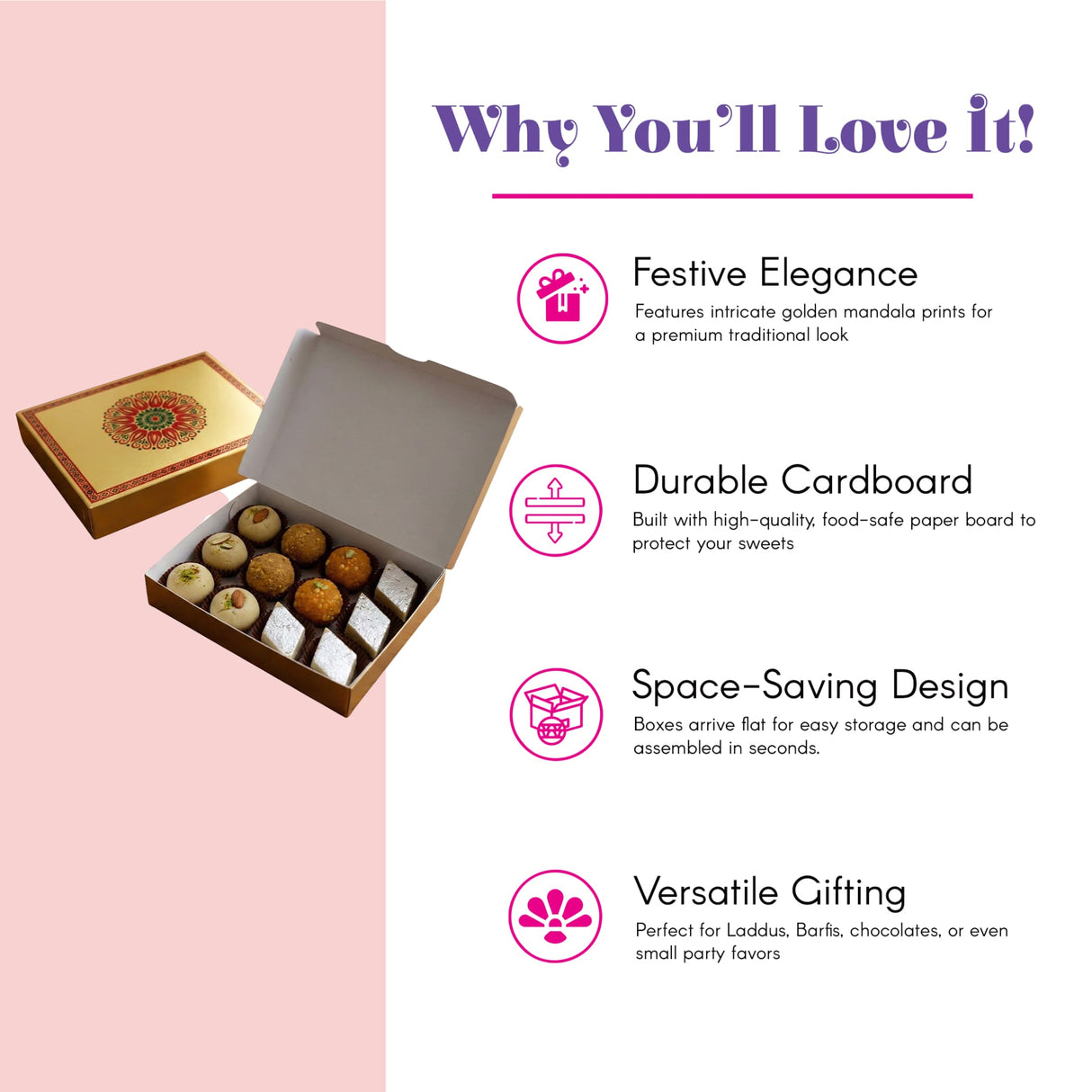 Golden cardboard sweet box with intricate mandala prints and white interior containing assorted Indian sweets