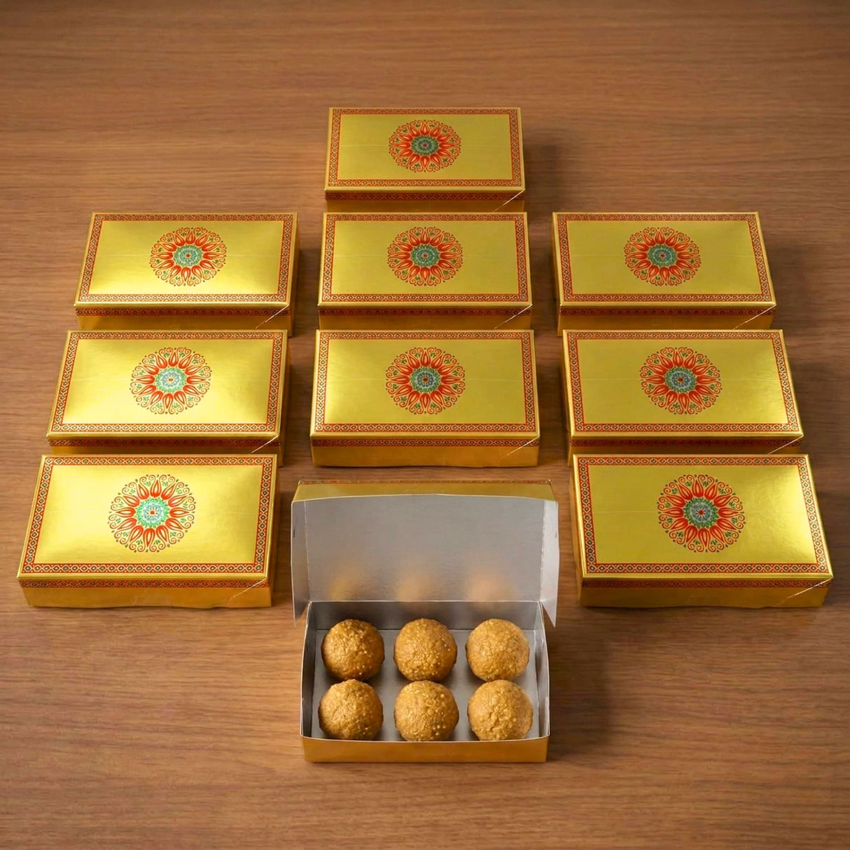 Golden rectangular sweet boxes with intricate red and green mandala designs containing golden-brown Indian sweets for weddings and poojas