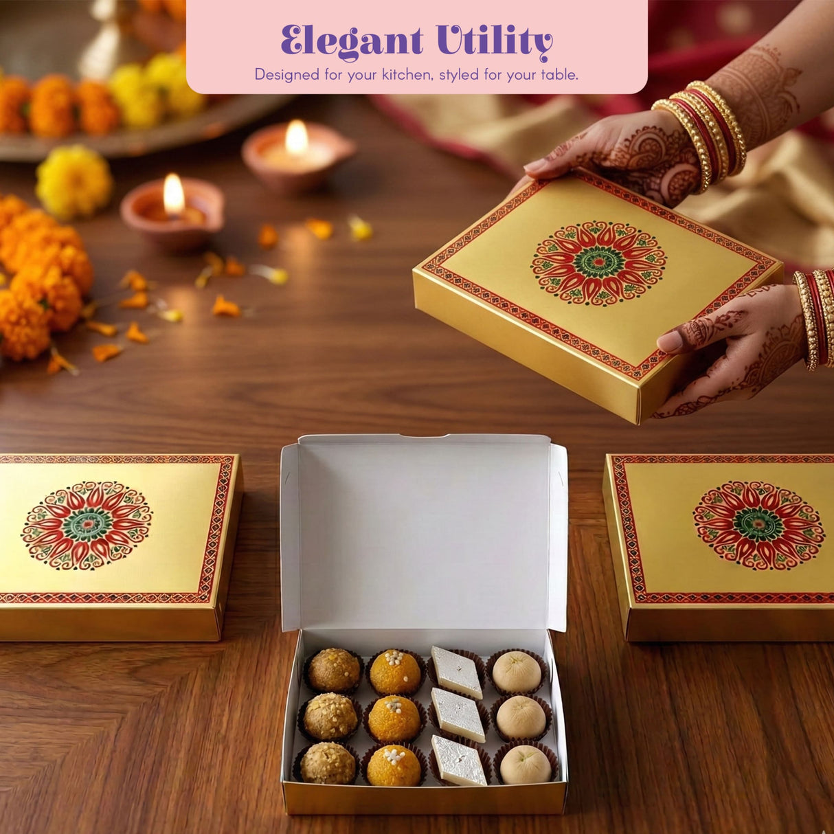 Golden sweet box with intricate red and green mandala design and decorative border for indian sweets gift packaging