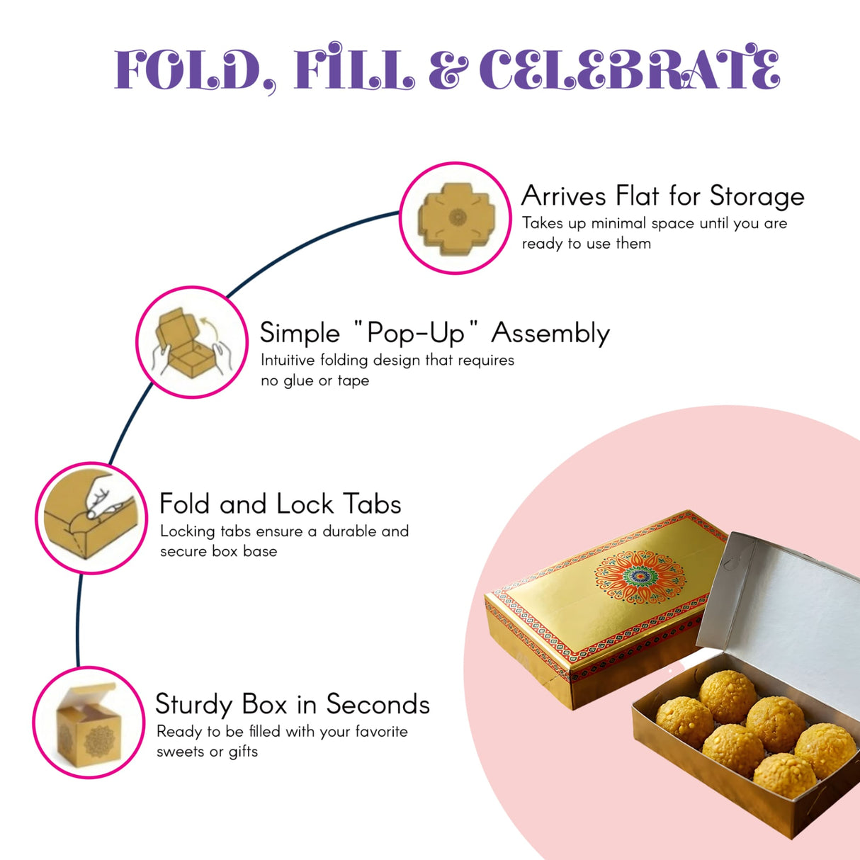 Gold-colored ornately decorated empty mithai box with hinged lid and intricate mandala design for indian sweets and gifts