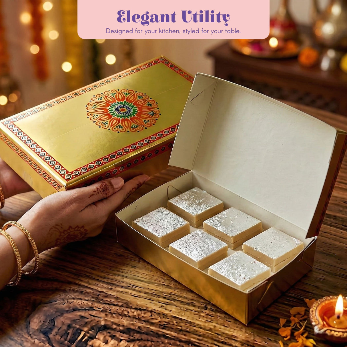 Golden sweet box with intricate orange and green mandala design holding six silver-leafed indian sweets for gifting