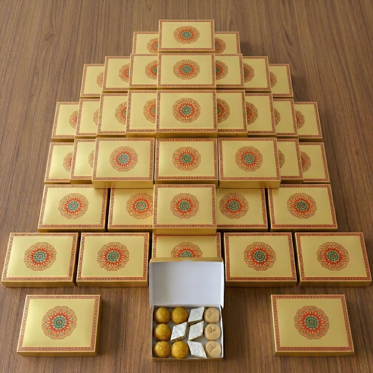 Golden-yellow rectangular sweet boxes with red and green mandala design arranged in pyramid for indian sweets gift