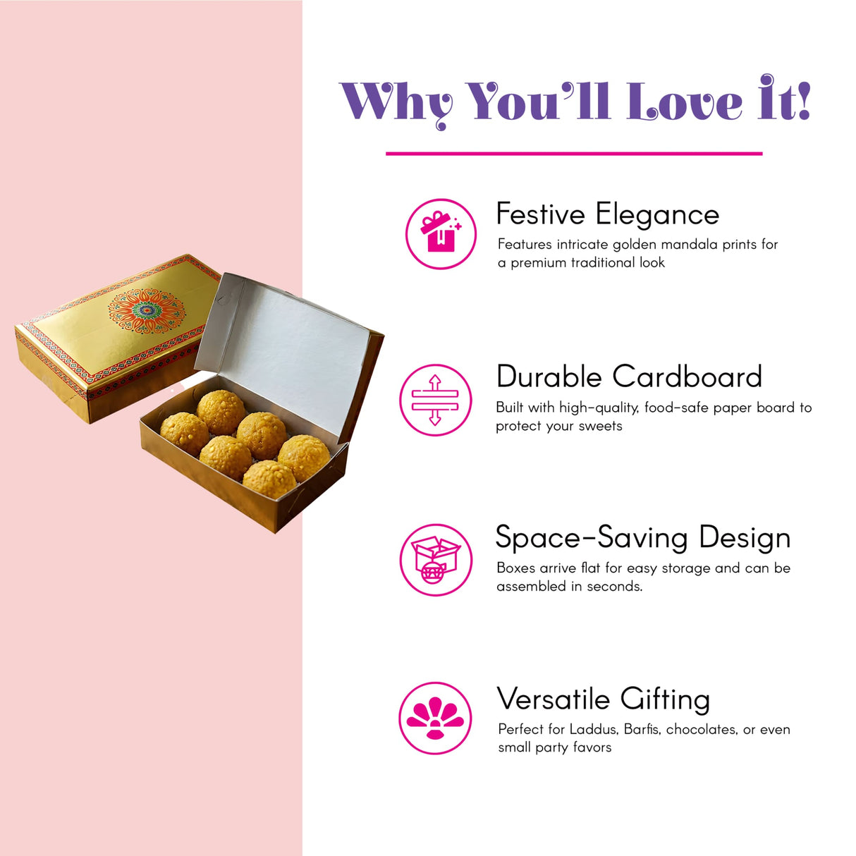 Golden cardboard sweet box with intricate mandala prints containing round yellow sweets for Indian mithai gifts