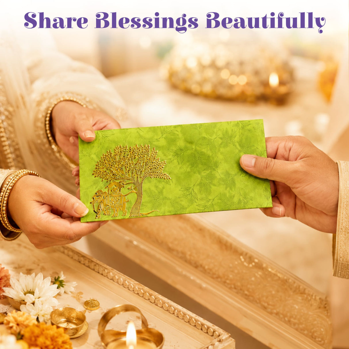 Lush green decorative money envelope with golden elephant and tree design for Indian wedding and cash gifting