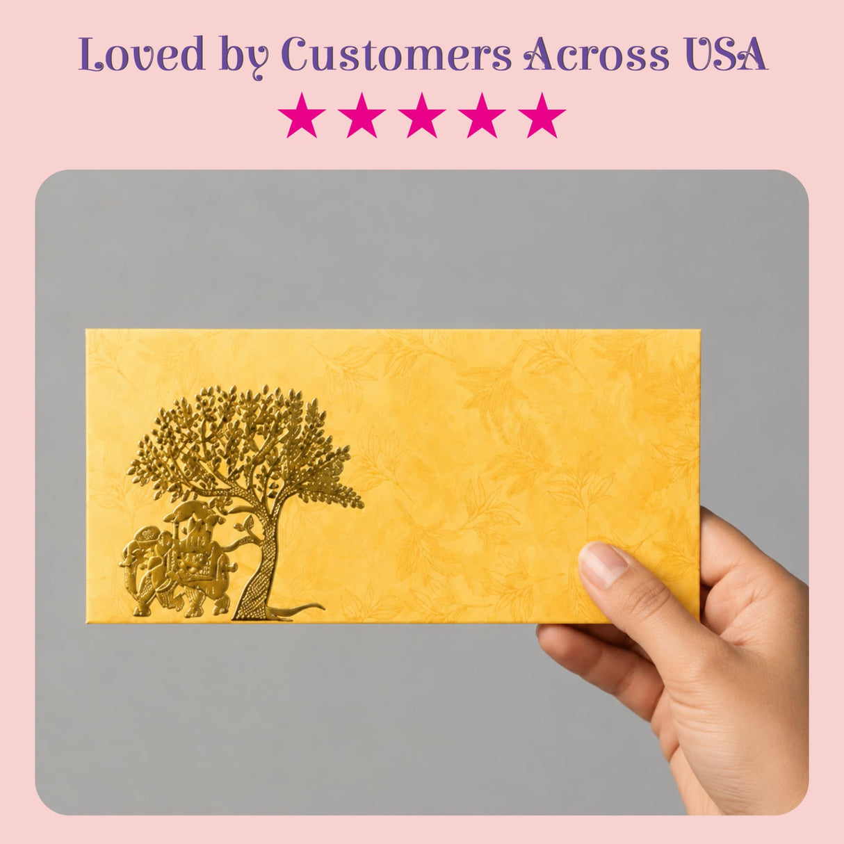 Golden embossed money envelope with detailed elephant and tree design for indian wedding shagun and cash gifts
