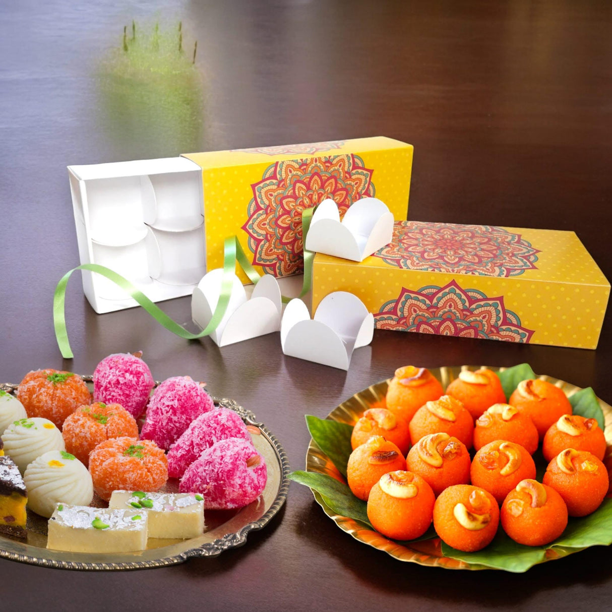 Sweet Boxes for Indian Sweets Mandala Design Empty Mithai Box with Lid for Cookies Goodies Candy Handmade Bulk Gift Boxes - Favor Box for Wedding Pooja Baby Shower Housewarming Return Gifts - LoveNspire