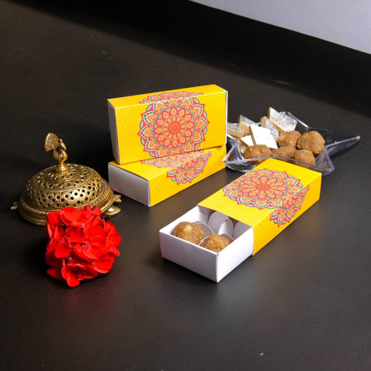 Sweet Boxes for Indian Sweets Mandala Design Empty Mithai Box with Lid for Cookies Goodies Candy Handmade Bulk Gift Boxes - Favor Box for Wedding Pooja Baby Shower Housewarming Return Gifts - LoveNspire