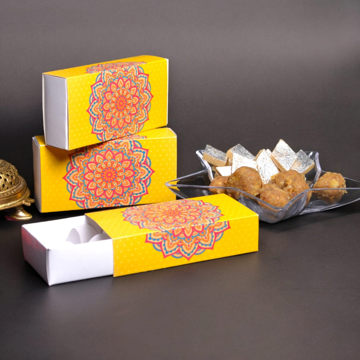 Sweet Boxes for Indian Sweets Mandala Design Empty Mithai Box with Lid for Cookies Goodies Candy Handmade Bulk Gift Boxes - Favor Box for Wedding Pooja Baby Shower Housewarming Return Gifts - LoveNspire