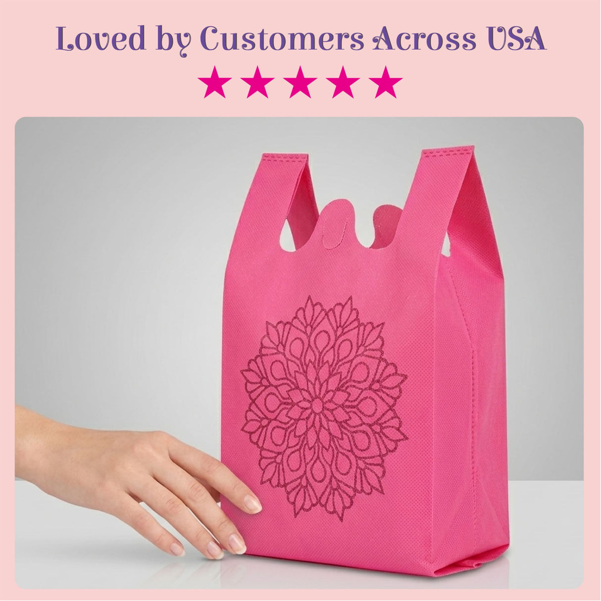 Bright pink non woven reusable tote bag with black mandala print for Indian wedding housewarming puja party favors