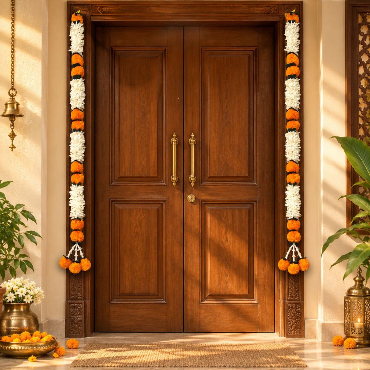 Rich brown wooden double doors with ornate gold handles feature in artificial jasmine and marigold flower garlands display for wedding decor