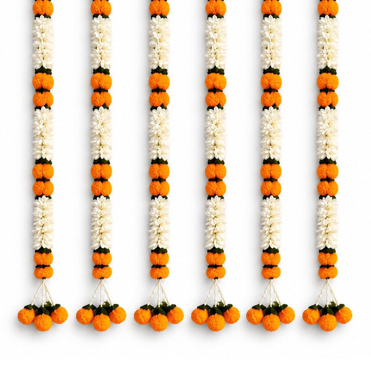 Artificial jasmine and marigold flower garlands in orange white with green accents for wedding and festive decor