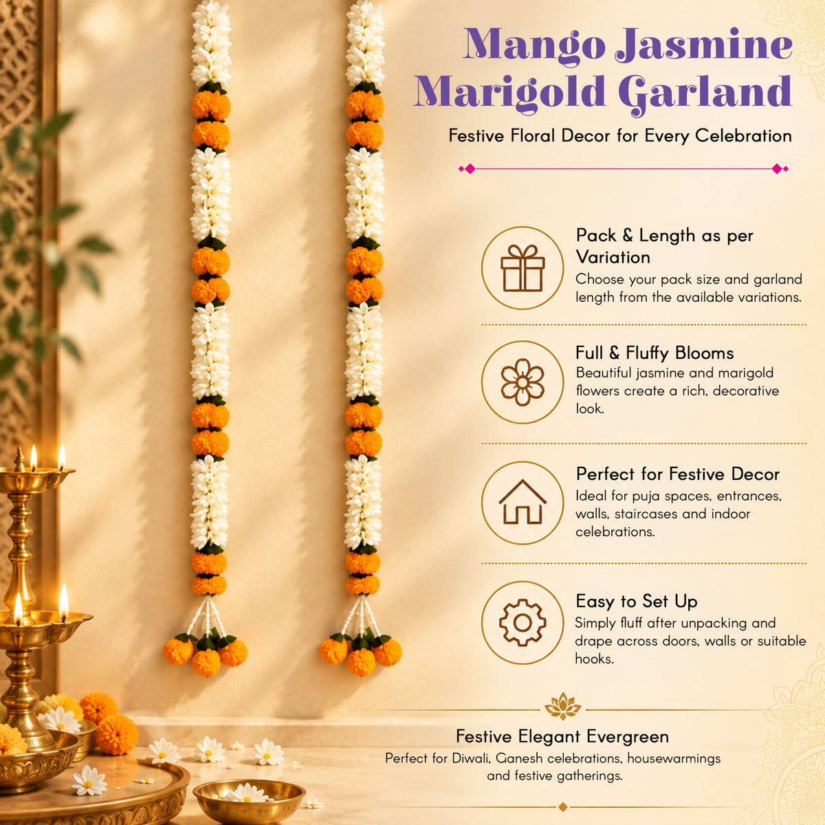Artificial jasmine and marigold flower garland with alternating white and orange flowers for festive decor and pooja