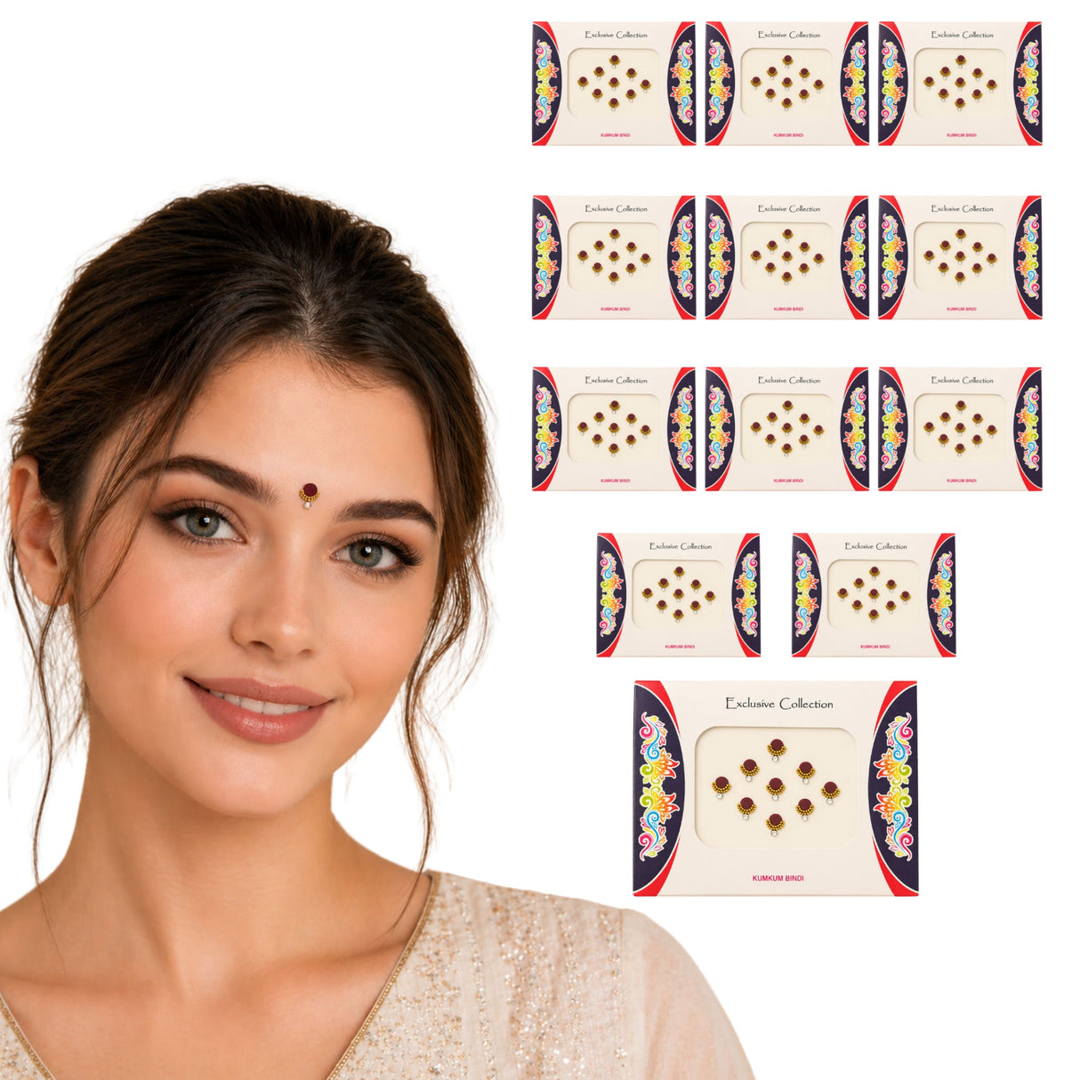 Gold-colored intricate henna-style nose stud earrings in decorative packaging for marathi bindi and indian wedding favors