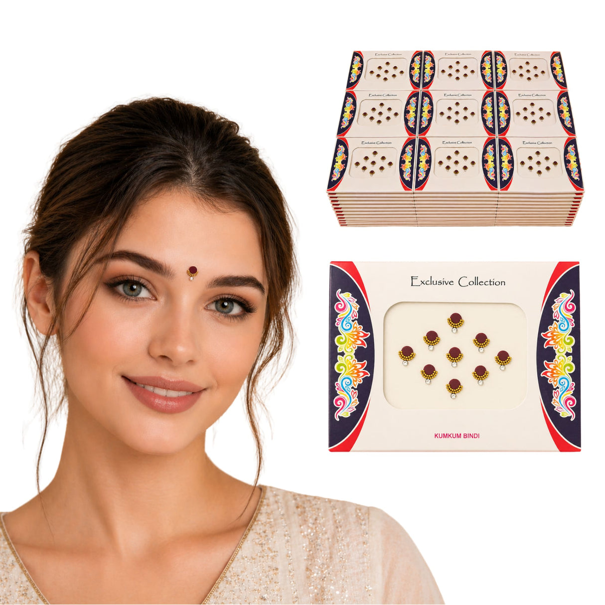 A set of decorative kumkum bindi stickers in vibrant gold and maroon packaging for Indian wedding favors