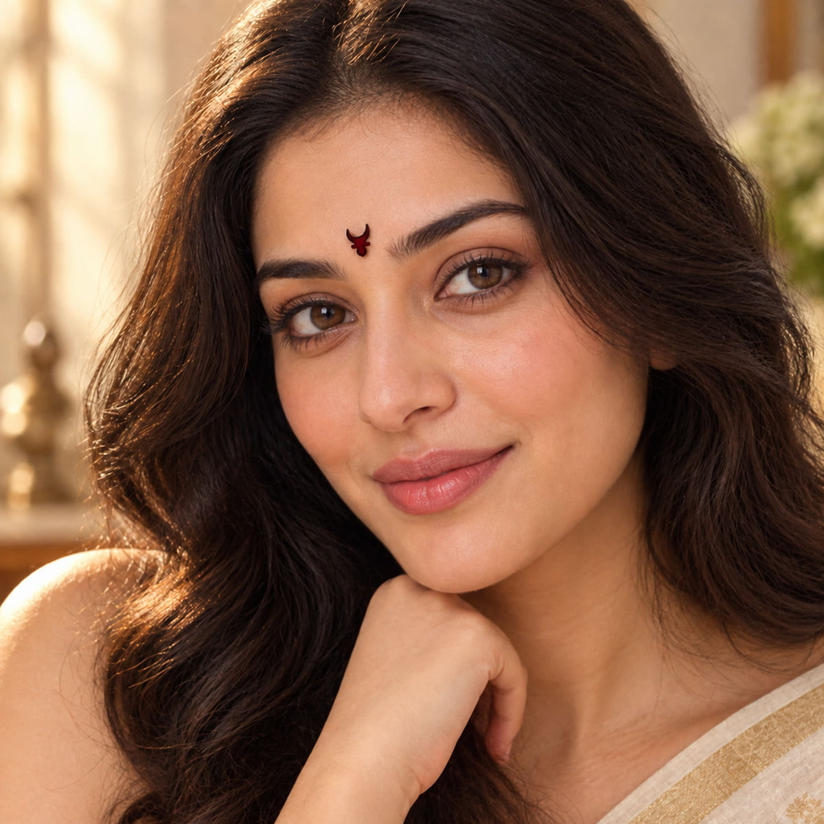 A woman with dark wavy hair wearing a traditional red Marathi self-adhesive bindi from the Indian bindi booklet collection