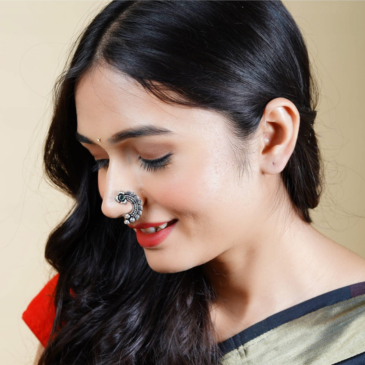 Indian Marathi Nath for Women - Silver Marathi Style Oxidized Nose Ring Indian Jewelry Clip-On Marathi Bridal Nathani Bollywood Style Faux Pearl Non-Piercing Jewelry for Women Gift For Her - LoveNspire