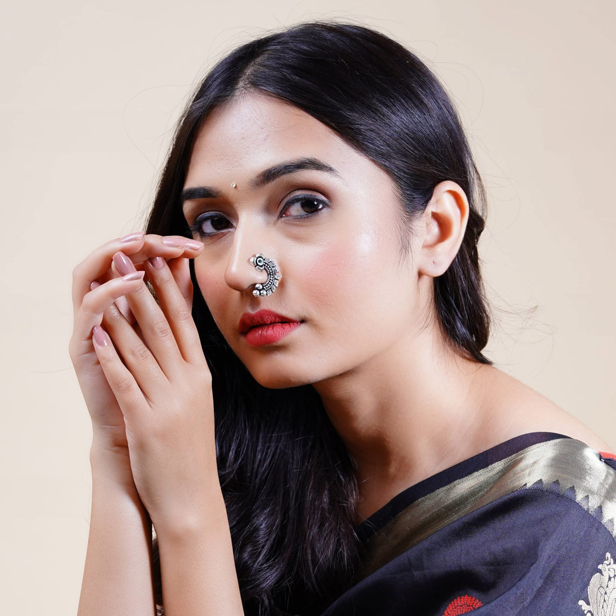 Indian Marathi Nath for Women - Silver Marathi Style Oxidized Nose Ring Indian Jewelry Clip-On Marathi Bridal Nathani Bollywood Style Faux Pearl Non-Piercing Jewelry for Women Gift For Her - LoveNspire