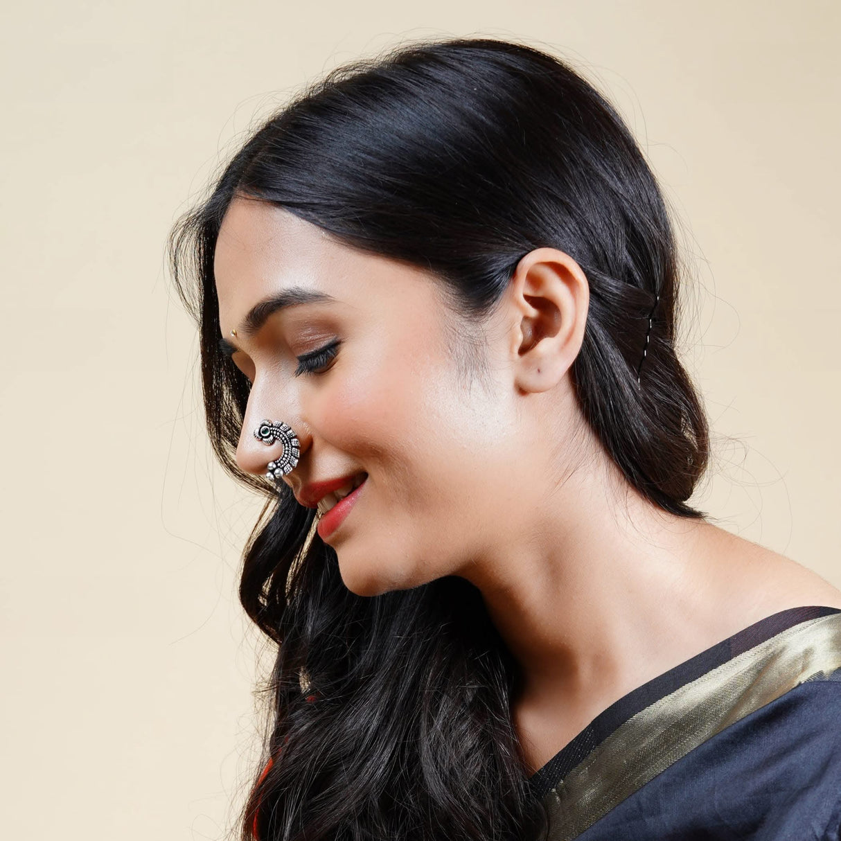 Indian Marathi Nath for Women - Silver Marathi Style Oxidized Nose Ring Indian Jewelry Clip-On Marathi Bridal Nathani Bollywood Style Faux Pearl Non-Piercing Jewelry for Women Gift For Her - LoveNspire